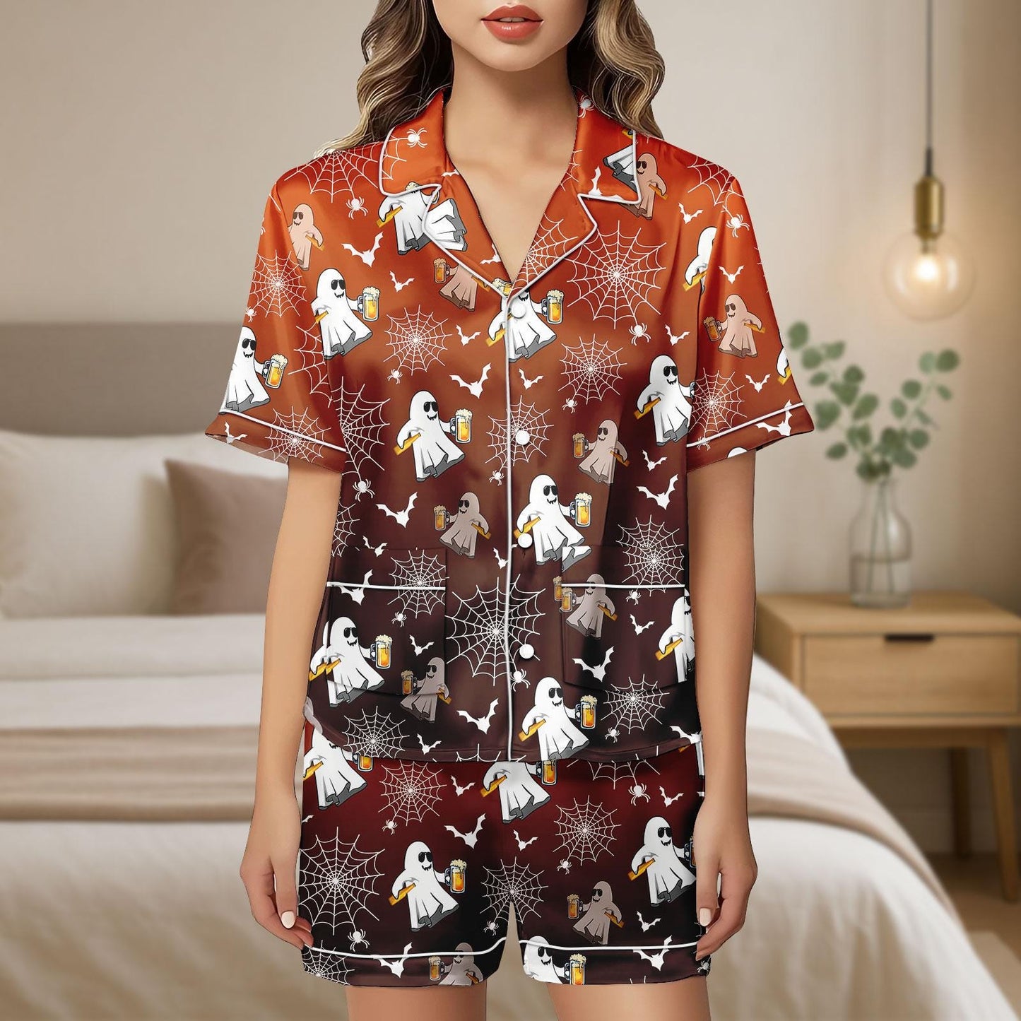 Beer Ghost Satin Pajamas, Funny Halloween Pajamas, Spooky Party Sleepwear, Cute Ghost Loungewear, Fall Gift Set, Halloween Gift For Her