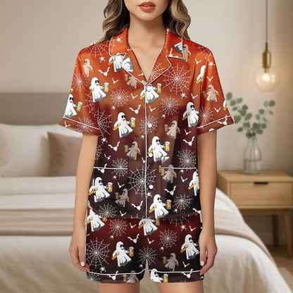 Beer Ghost Satin Pajamas, Funny Halloween Pajamas, Spooky Party Sleepwear, Cute Ghost Loungewear, Fall Gift Set, Halloween Gift For Her