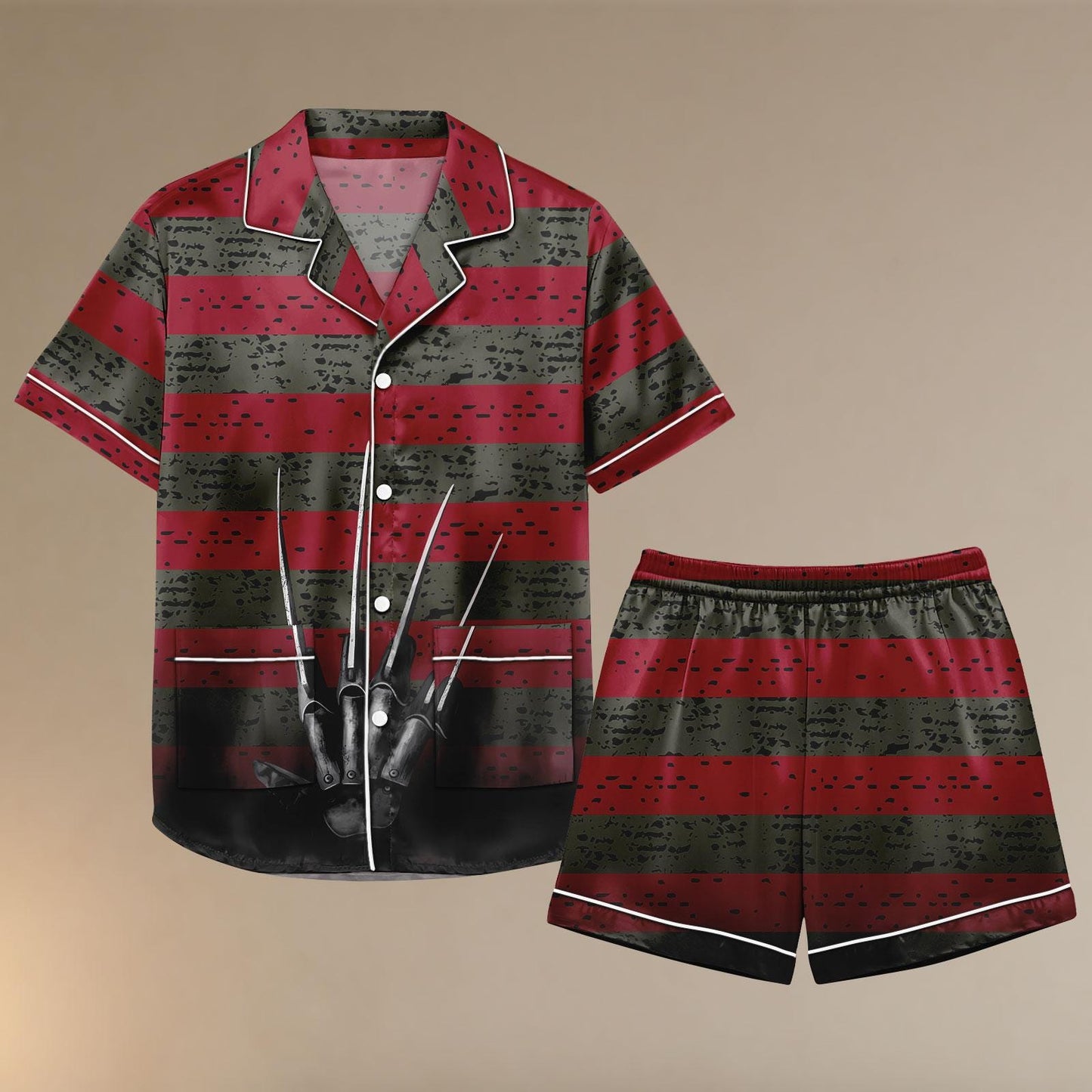 Freddy Satin Pajamas, Halloween Horror Short Set, Striped Sleepwear, Spooky Movie Costume, Cosplay Freddy Loungewear, Halloween Costume