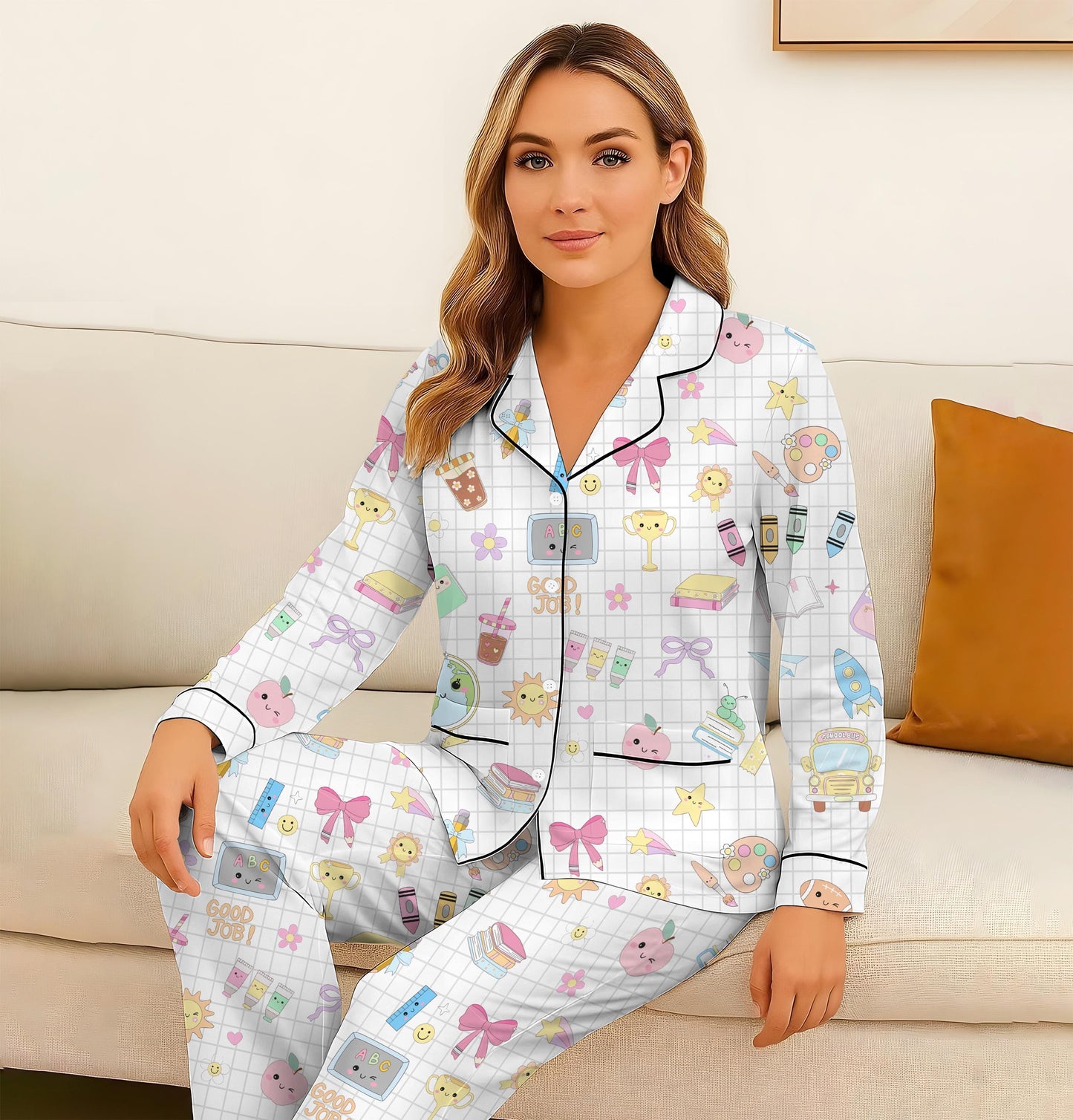 School Supplies Pajamas Set, Back To School Sleepwear, 1st Of School Pyjamas, Cute Homewear For Student, Teacher Appreciation Gift