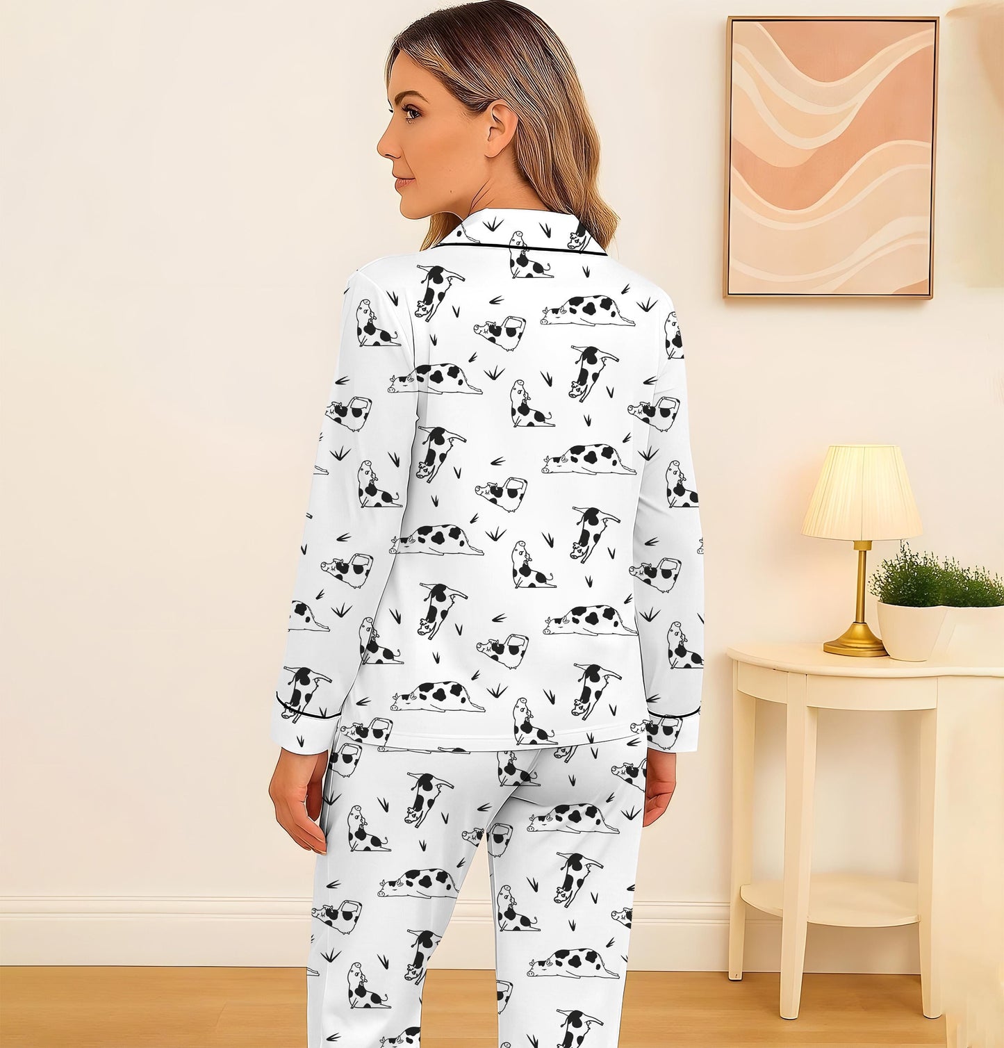 Yoga Dairy Cow Pajamas Set, Funny Cow Poses Sleepwear, Farm Animal Homewear, Dairy Cow Farm Gift, Cute Dairy Cow Pajamas