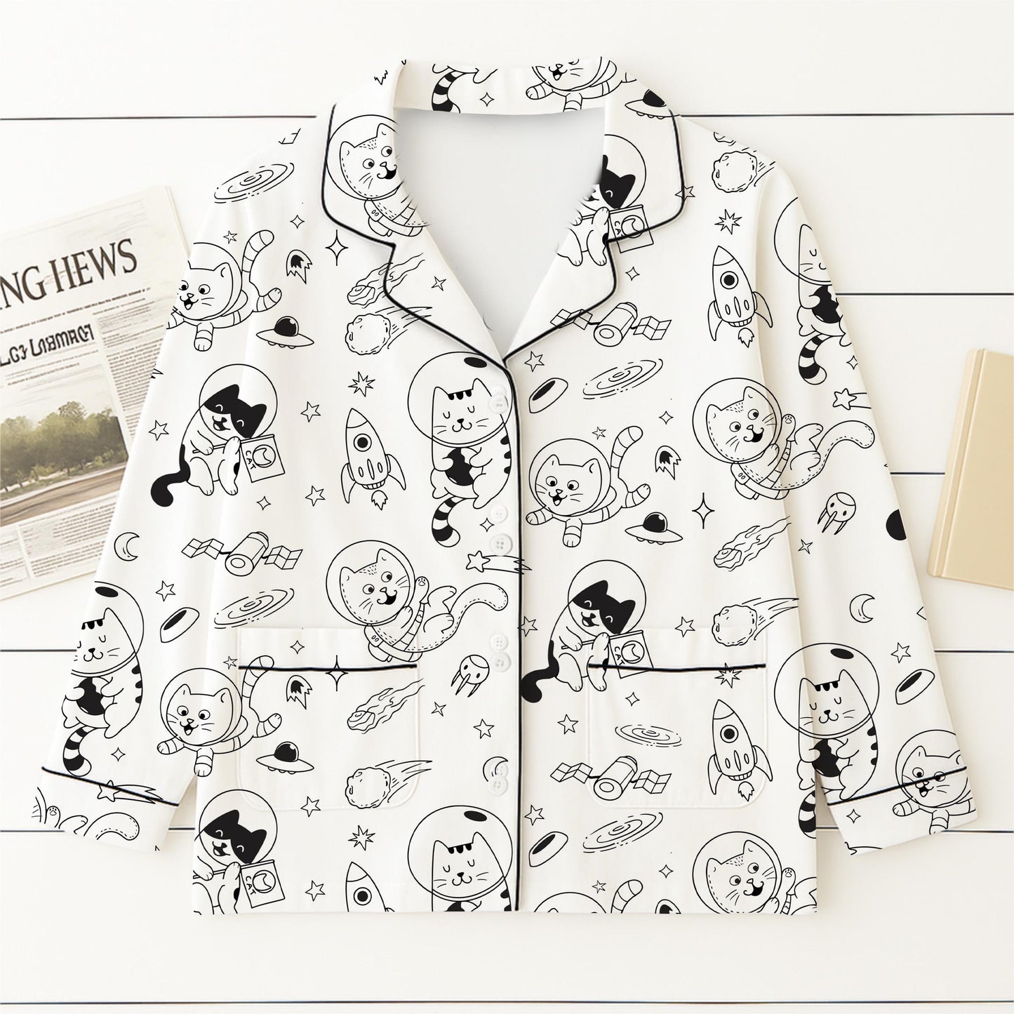 Cats In Space Pajamas Set, Space Astronaut Cat Homewear, Funny Cat Sleepwear, Gift For Cat Lover, Retro Vintage Cat Pyjamas