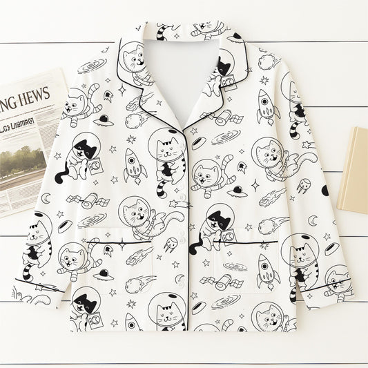 Cats In Space Pajamas Set, Space Astronaut Cat Homewear, Funny Cat Sleepwear, Gift For Cat Lover, Retro Vintage Cat Pyjamas