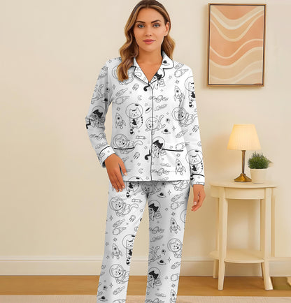 Cats In Space Pajamas Set, Space Astronaut Cat Homewear, Funny Cat Sleepwear, Gift For Cat Lover, Retro Vintage Cat Pyjamas