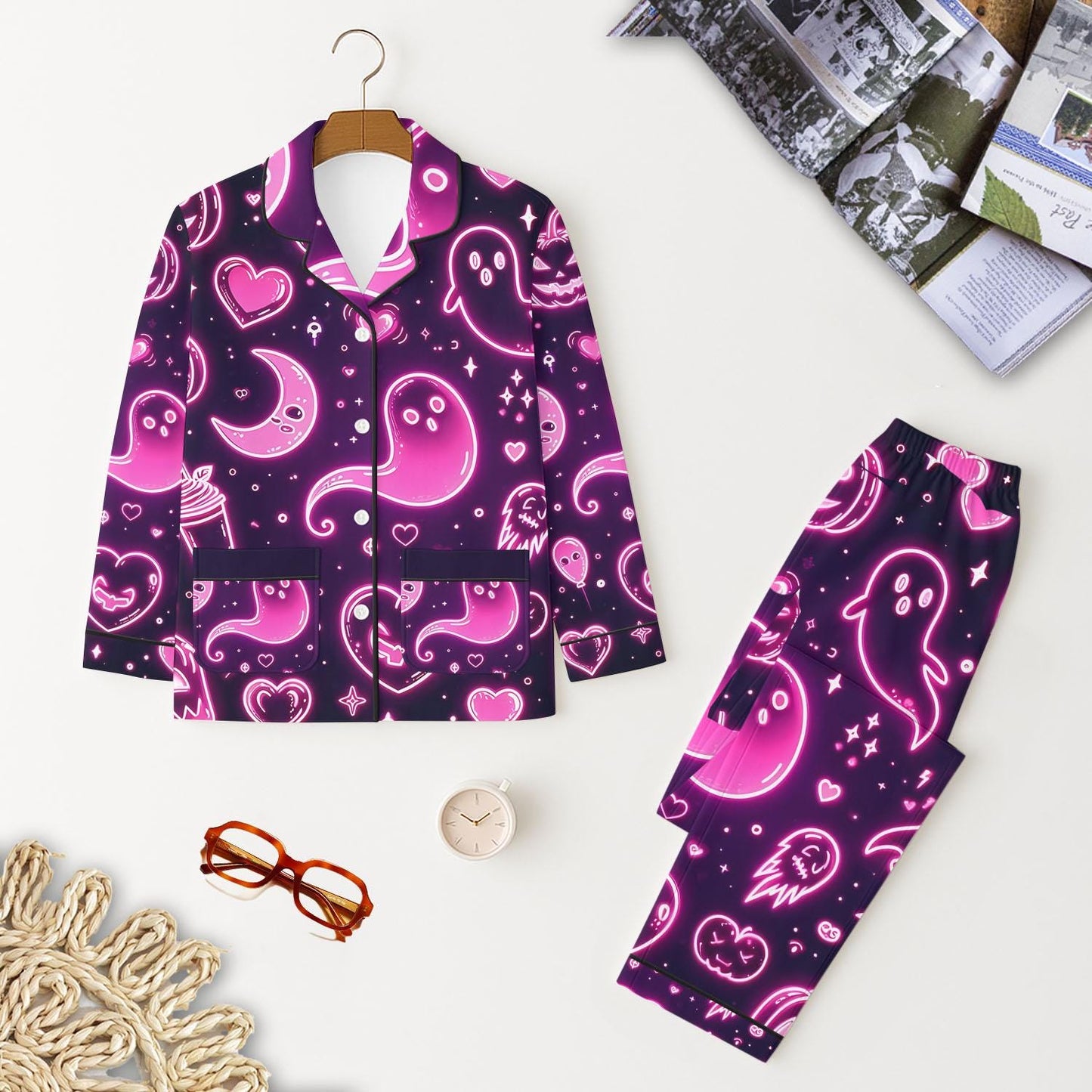 Halloween Pink Neon Ghost Pajamas Set, Halloween Ghost Moon Pumpkin Heart Sleepwear, Spooky Season Homewear, Cozy Nightwear Gift