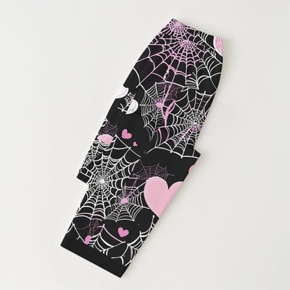 Halloween Pink White Spider Web And Heart Pajamas Set, Halloween Hearts Nightwear, Fall Season Matching Set, Holiday Gift