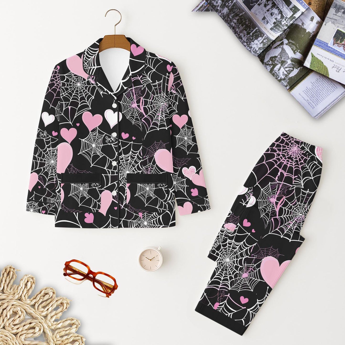 Halloween Pink White Spider Web And Heart Pajamas Set, Halloween Hearts Nightwear, Fall Season Matching Set, Holiday Gift