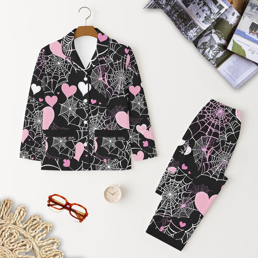 Halloween Pink White Spider Web And Heart Pajamas Set, Halloween Hearts Nightwear, Fall Season Matching Set, Holiday Gift