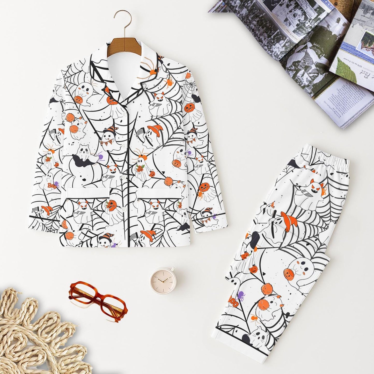 Halloween Ghost And Spider Web Pajamas Set, Witch Ghost And Pumpkin Homewear, Halloween Pattern Sleepwear, Spooky Season Gift