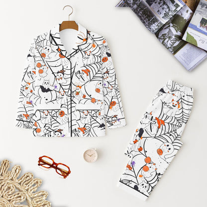 Halloween Ghost And Spider Web Pajamas Set, Witch Ghost And Pumpkin Homewear, Halloween Pattern Sleepwear, Spooky Season Gift
