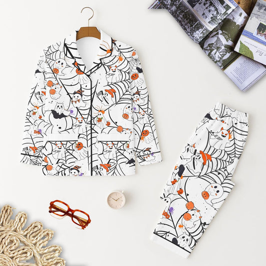 Halloween Ghost And Spider Web Pajamas Set, Witch Ghost And Pumpkin Homewear, Halloween Pattern Sleepwear, Spooky Season Gift