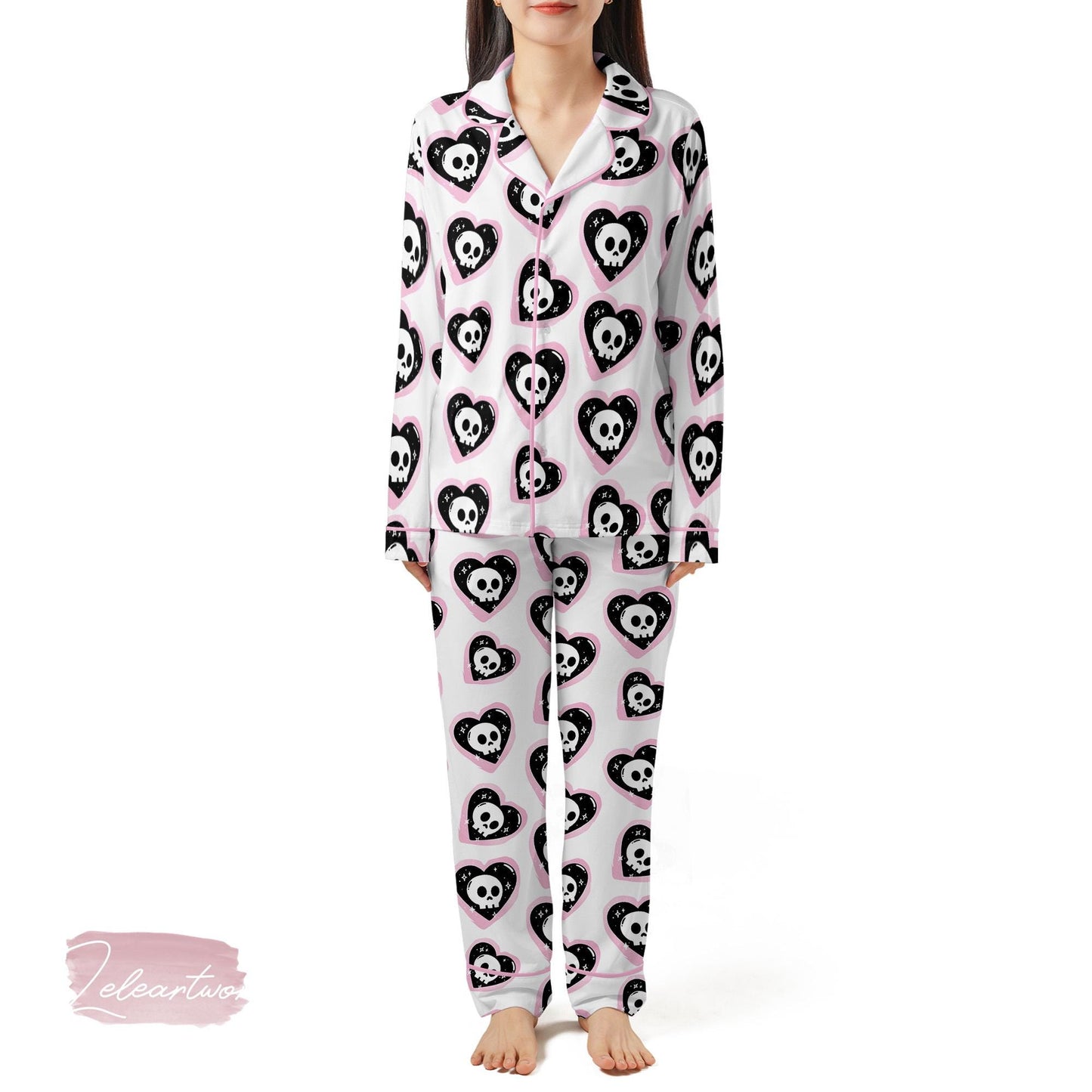 Sweetheart Skulls Pajama Set – Pink Goth Heart Skull Short Sleeve Sleepwear, Cute Alternative Loungewear Gift for Her