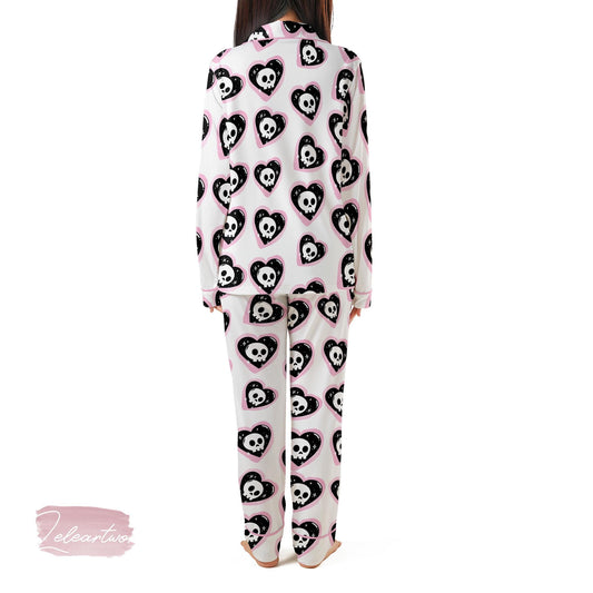 Sweetheart Skulls Pajama Set – Pink Goth Heart Skull Short Sleeve Sleepwear, Cute Alternative Loungewear Gift for Her