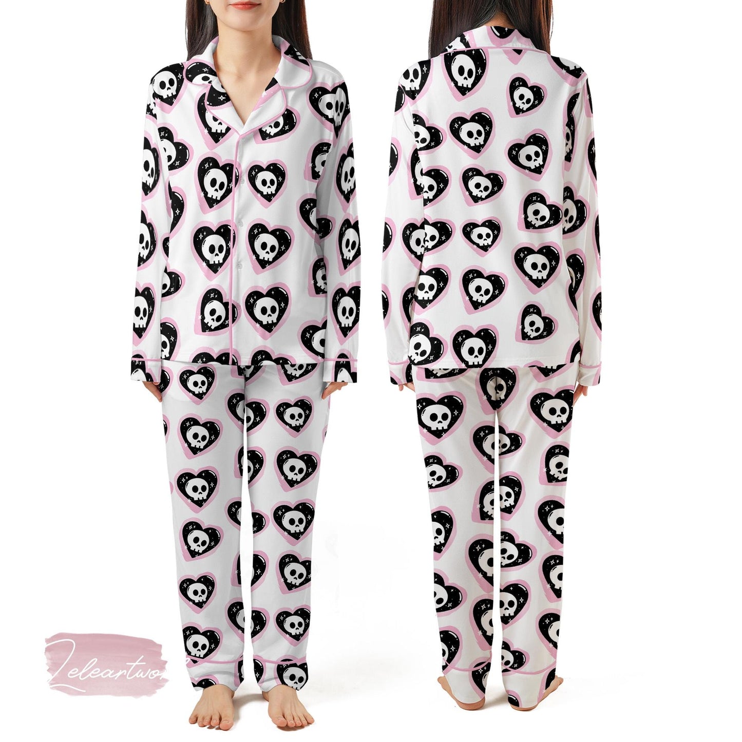 Sweetheart Skulls Pajama Set – Pink Goth Heart Skull Short Sleeve Sleepwear, Cute Alternative Loungewear Gift for Her