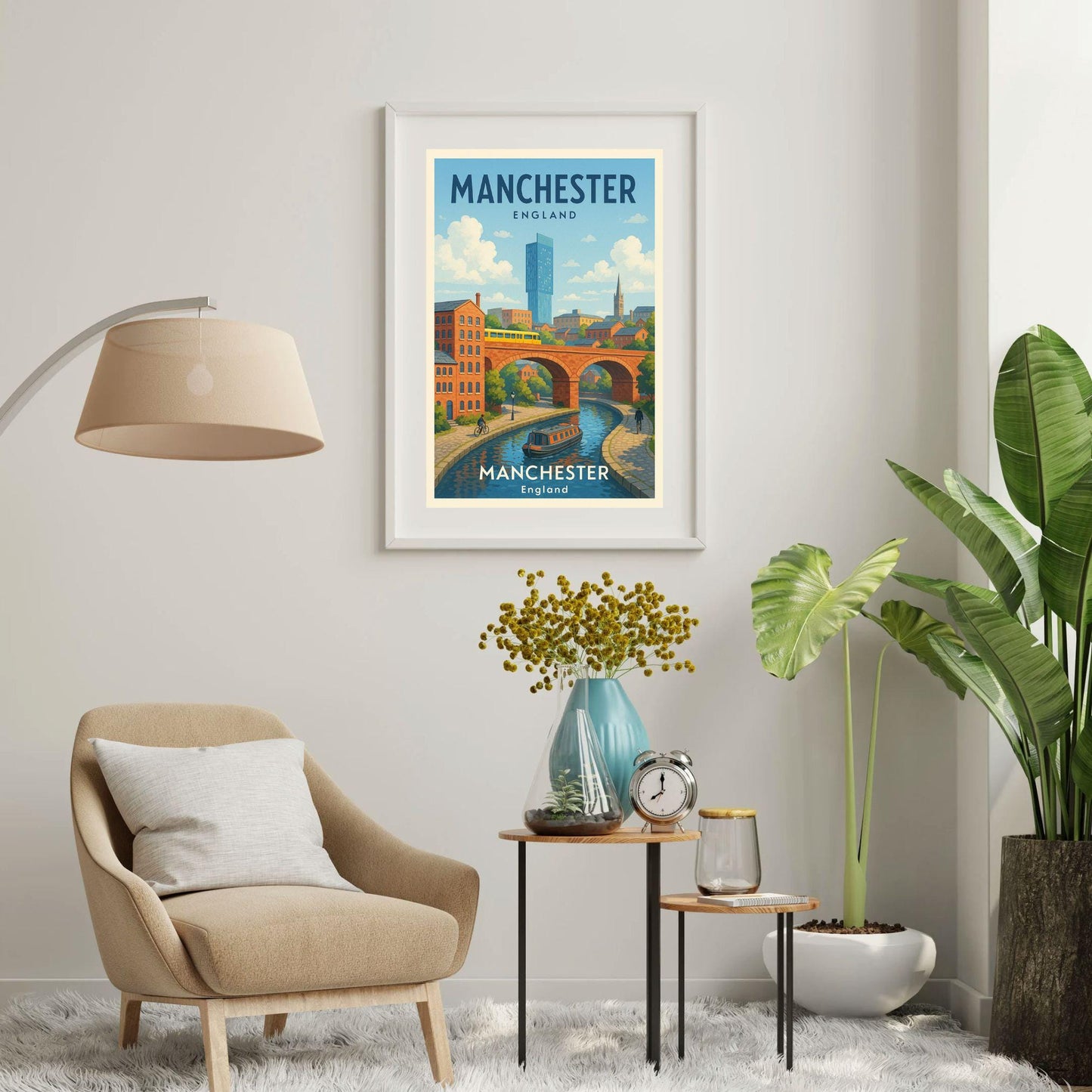 Manchester Cityscape Skyline Poster Wall Art, Map of Manchester UK, Home Decor Gift for Wedding & Birthday, Man United Oasis Man City Poster