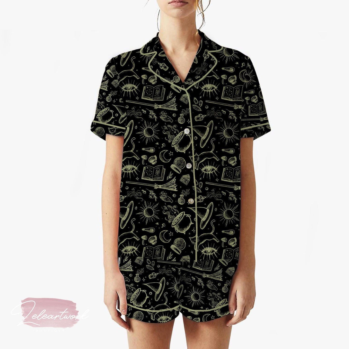 Witchy Pajama Set – Mystical Black Short Sleeve Sleepwear with Celestial and Magic Symbols, Cozy Goth Loungewear Gift