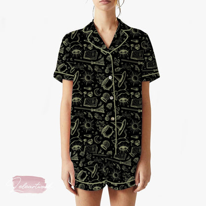 Witchy Pajama Set – Mystical Black Short Sleeve Sleepwear with Celestial and Magic Symbols, Cozy Goth Loungewear Gift