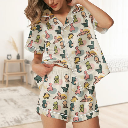 Cute Dinosaur Short Satin Pajamas, Cartoon Dino Short Sleeve Pajamas For Her, Funny Jurassic Bridesmaid Pajamas, Soft Summer Pajamas