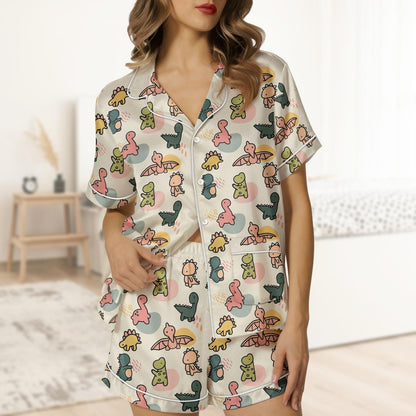 Cute Dinosaur Short Satin Pajamas, Cartoon Dino Short Sleeve Pajamas For Her, Funny Jurassic Bridesmaid Pajamas, Soft Summer Pajamas