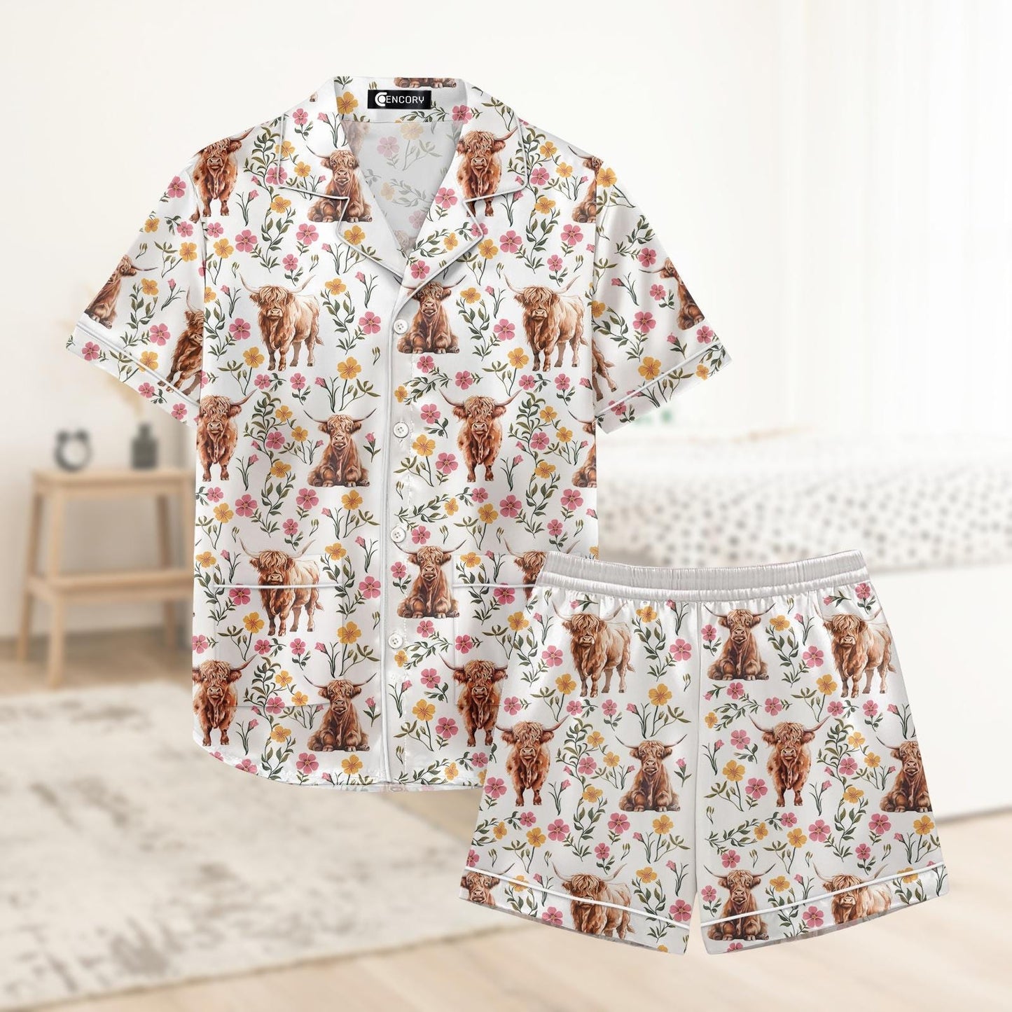 Highland Cow Floral Short Satin Pajamas, Cute Farm Animal Pajamas For Her, Soft Western Silk Pajamas For Women, Cow Lover Bridal Pajama