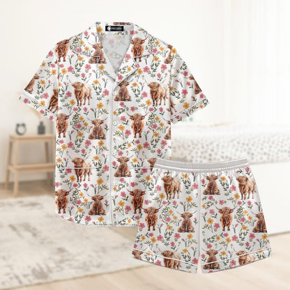 Highland Cow Floral Short Satin Pajamas, Cute Farm Animal Pajamas For Her, Soft Western Silk Pajamas For Women, Cow Lover Bridal Pajama