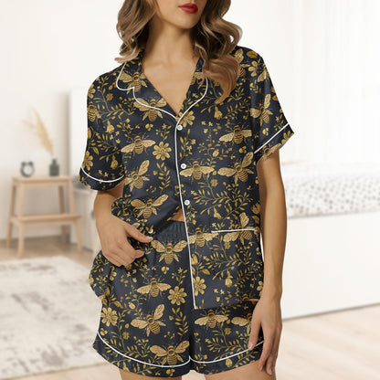 Bee Floral Short Satin Pajamas, Cute Nature Silk Pajamas For Women, Soft Garden Nightwear Pajamas For Her, Cozy Summer Pajamas Shorts
