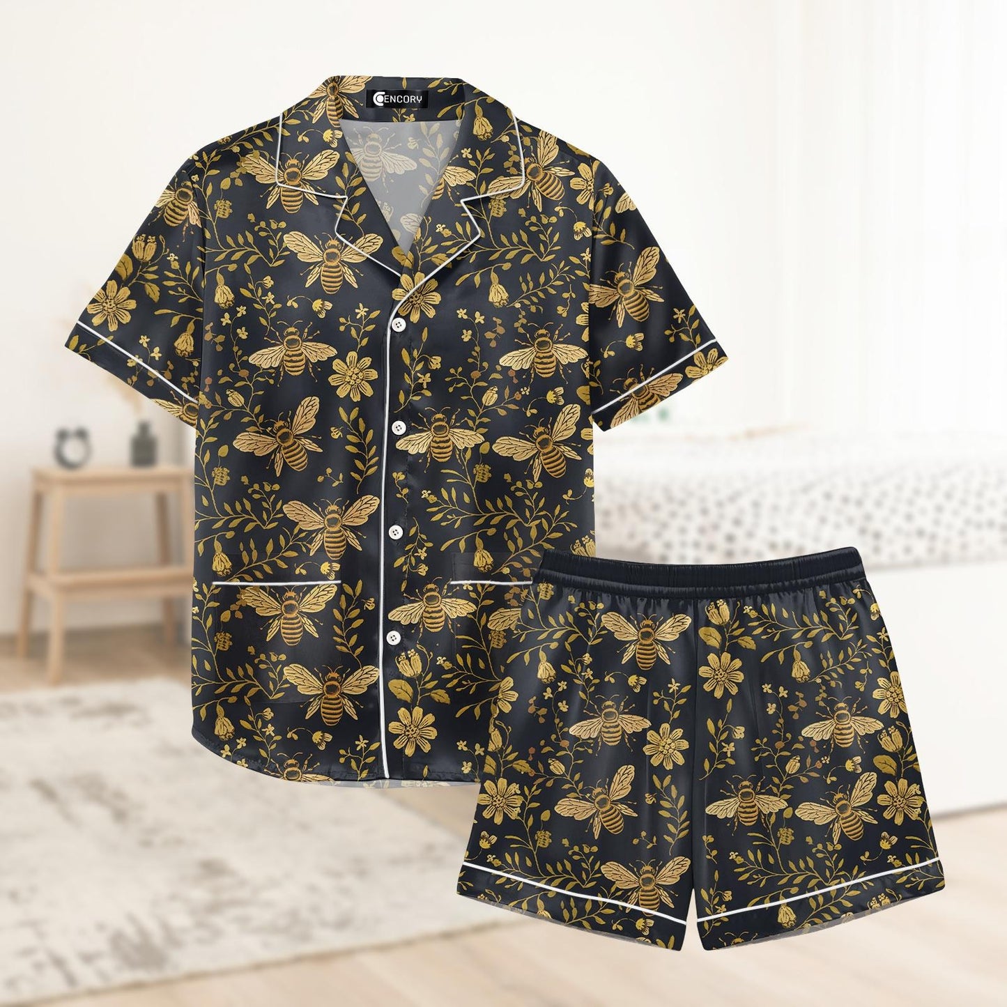 Bee Floral Short Satin Pajamas, Cute Nature Silk Pajamas For Women, Soft Garden Nightwear Pajamas For Her, Cozy Summer Pajamas Shorts