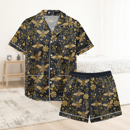 Bee Floral Short Satin Pajamas, Cute Nature Silk Pajamas For Women, Soft Garden Nightwear Pajamas For Her, Cozy Summer Pajamas Shorts