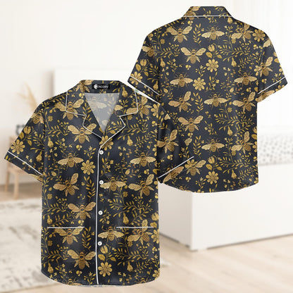 Bee Floral Short Satin Pajamas, Cute Nature Silk Pajamas For Women, Soft Garden Nightwear Pajamas For Her, Cozy Summer Pajamas Shorts