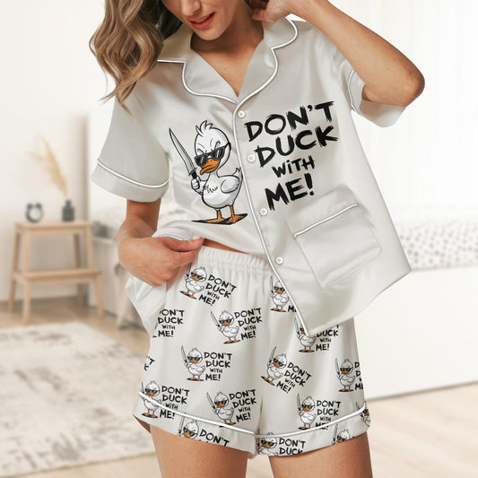 Funny Duck Short Satin Pajamas, Dont Duck With Me Pajamas Women, Quirky Animal Nightwear Bridesmaid Pajamas, Soft Summer Animal Pajamas