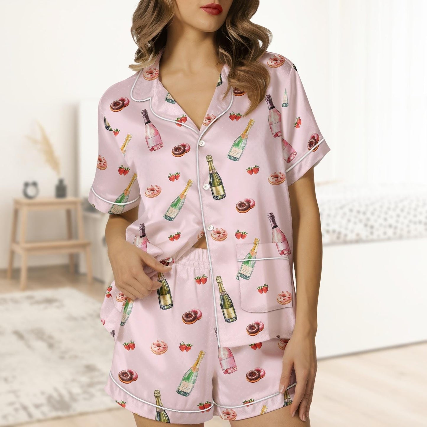 Wine Strawberry Short Satin Pajamas, Wine Lover Bridal Party Pajamas, Soft Summer Short Sleeve Pajamas, Drink Beer Matching Pajamas