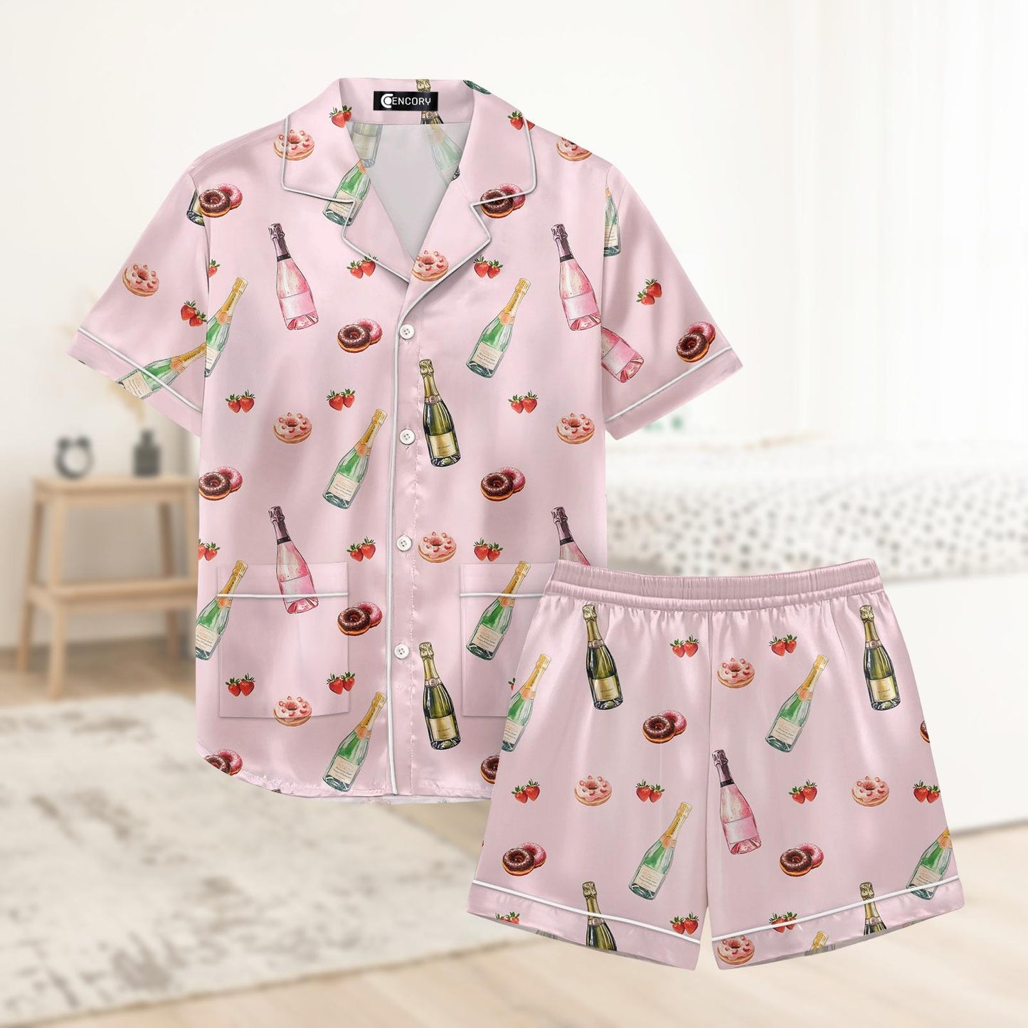 Wine Strawberry Short Satin Pajamas, Wine Lover Bridal Party Pajamas, Soft Summer Short Sleeve Pajamas, Drink Beer Matching Pajamas