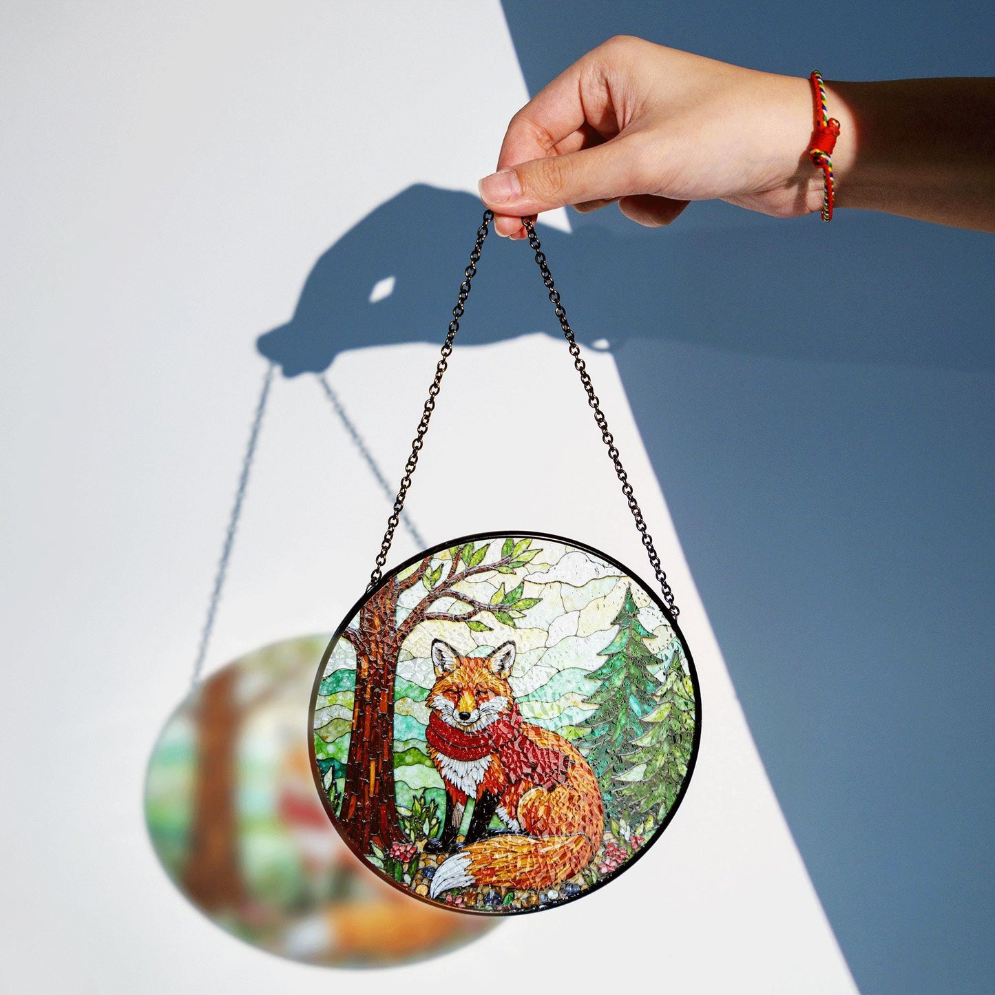 Red fox with scarf forest stained glass suncatcher woodland animal window decor Christmas gift