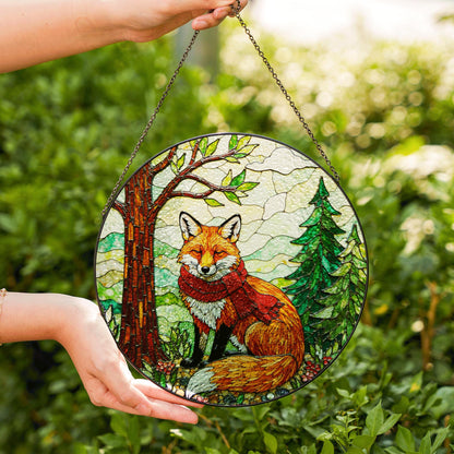 Red fox with scarf forest stained glass suncatcher woodland animal window decor Christmas gift