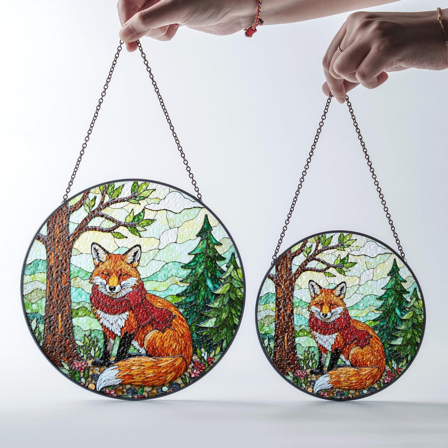 Red fox with scarf forest stained glass suncatcher woodland animal window decor Christmas gift