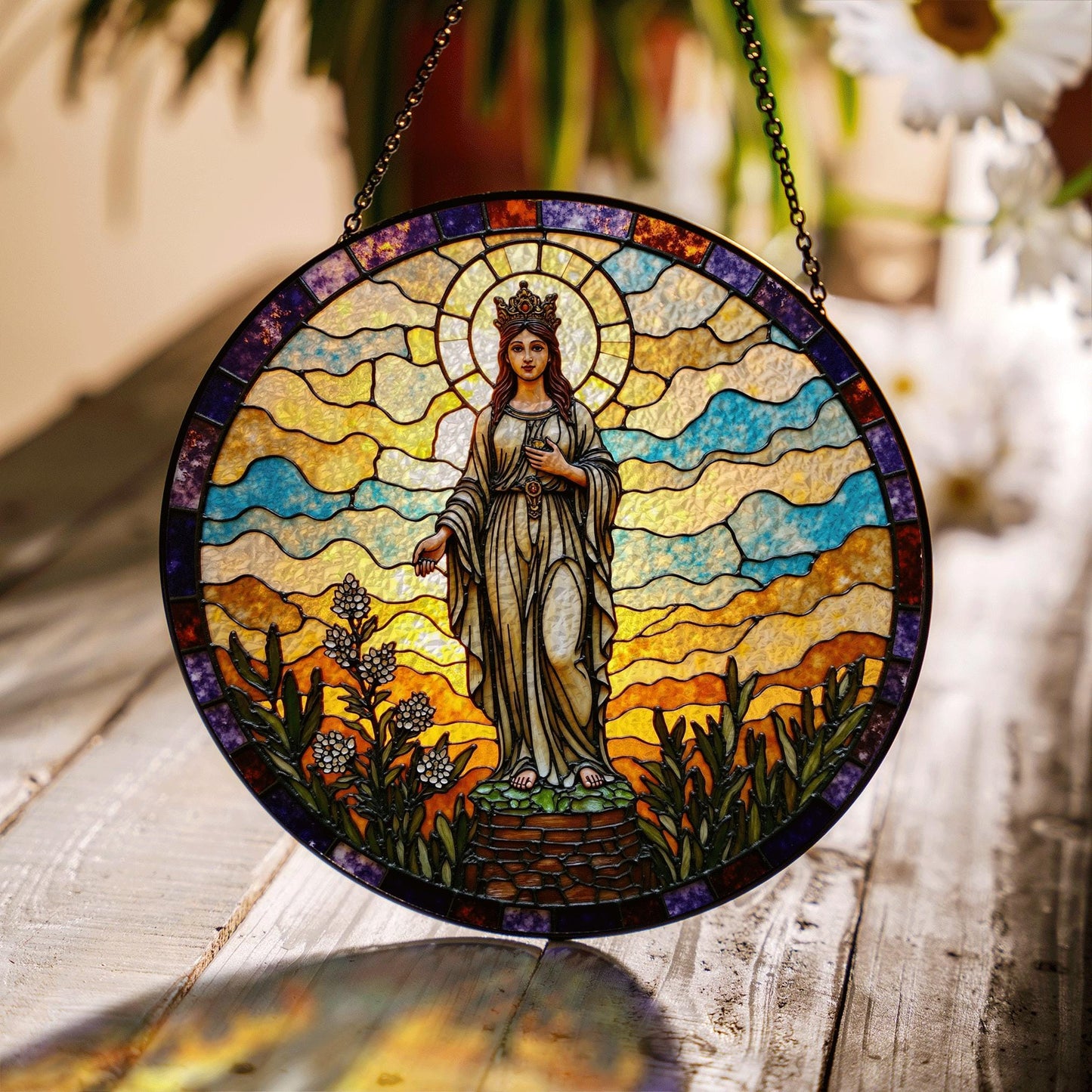 Crowned Virgin stained glass round suncatcher for window spiritual decor Mother's Day gift