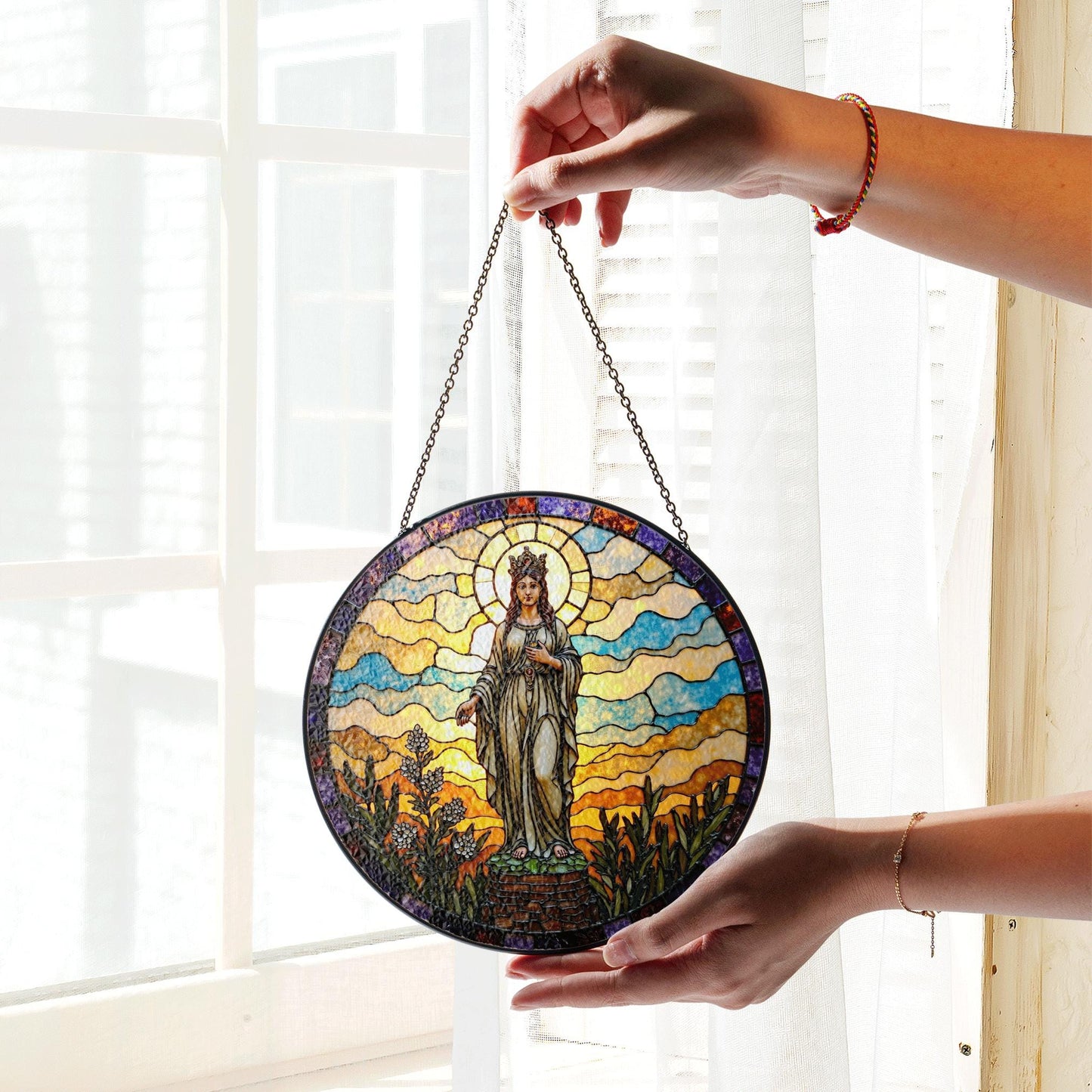 Crowned Virgin stained glass round suncatcher for window spiritual decor Mother's Day gift