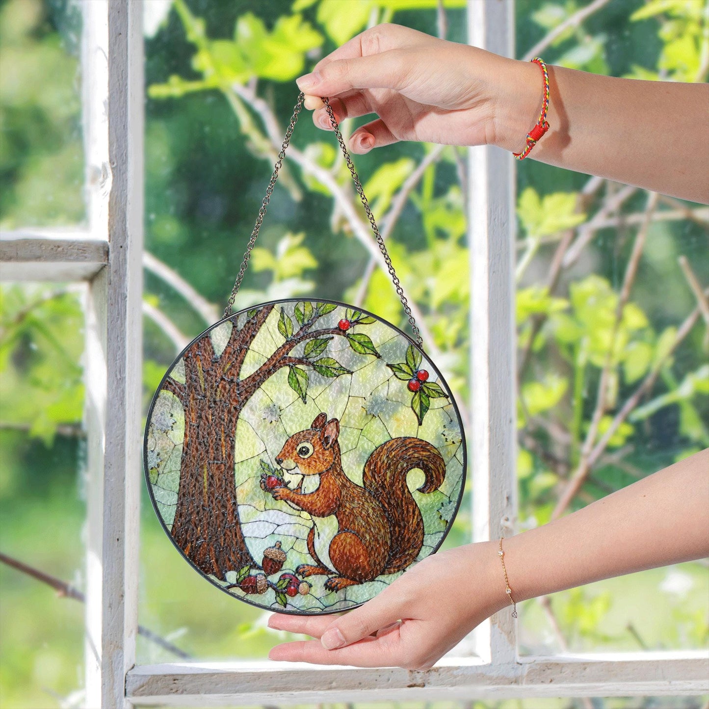 Cute Squirrel Tree Scene Stained Glass Suncatcher Woodland Decor Gift for Fall Nature Lover Friend