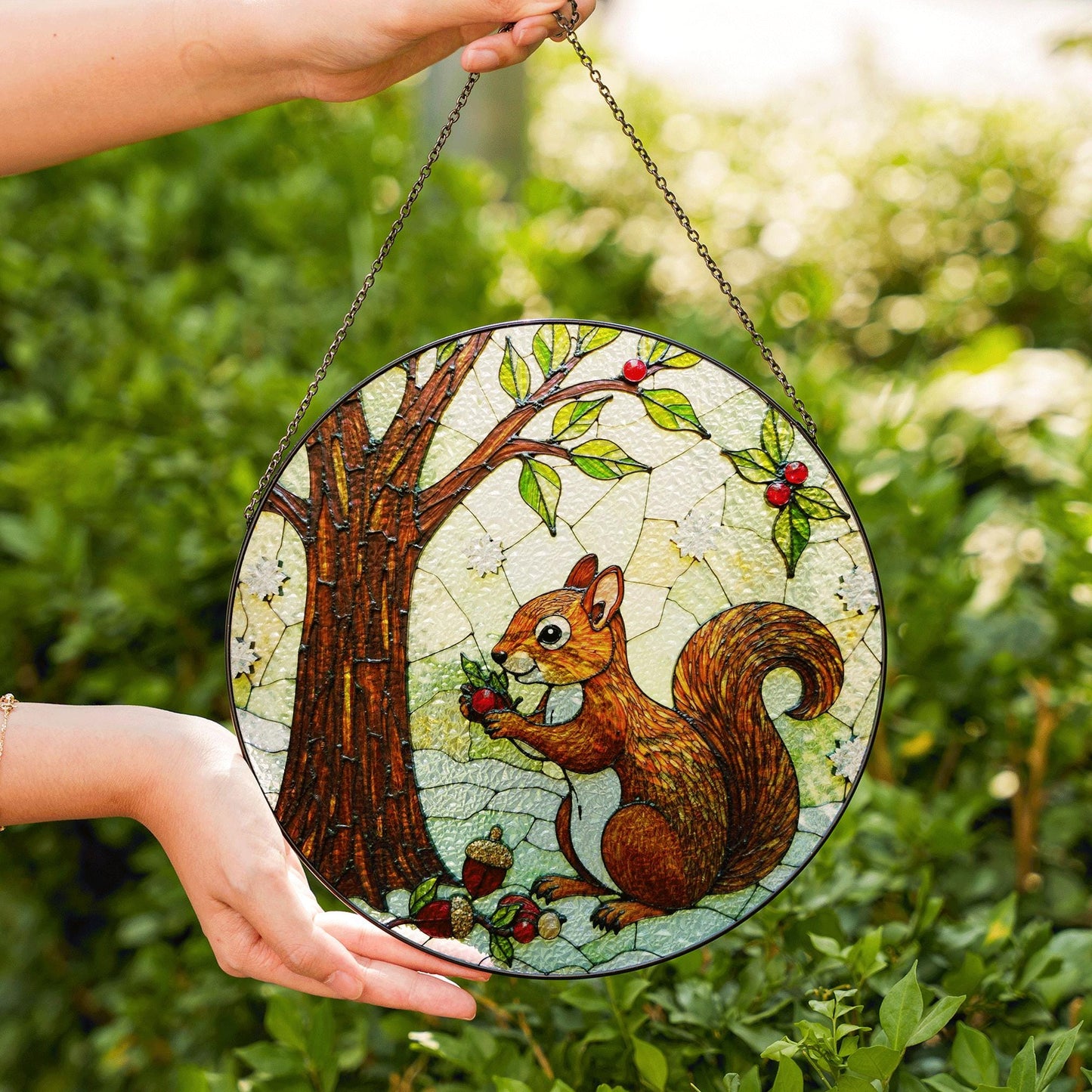 Cute Squirrel Tree Scene Stained Glass Suncatcher Woodland Decor Gift for Fall Nature Lover Friend