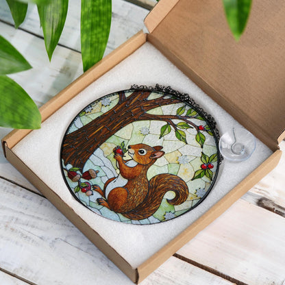 Cute Squirrel Tree Scene Stained Glass Suncatcher Woodland Decor Gift for Fall Nature Lover Friend
