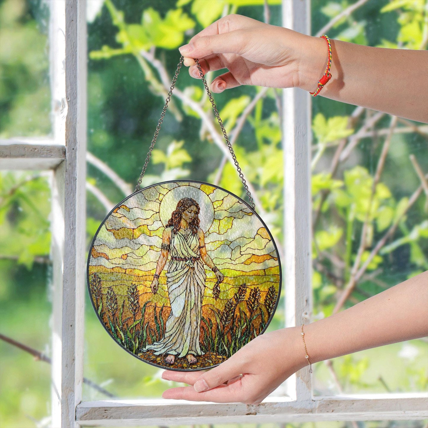 Goddess in wheat field stained glass suncatcher window hanging gift for mom birthday or harvest holiday