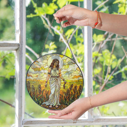 Goddess in wheat field stained glass suncatcher window hanging gift for mom birthday or harvest holiday
