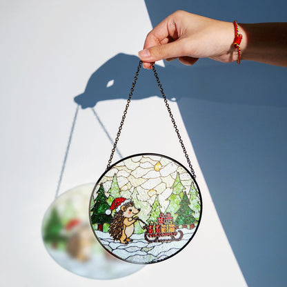 Cute Hedgehog Pulling Sleigh Stained Glass Suncatcher Christmas Window Decor Gift for Kids or Animal Lovers