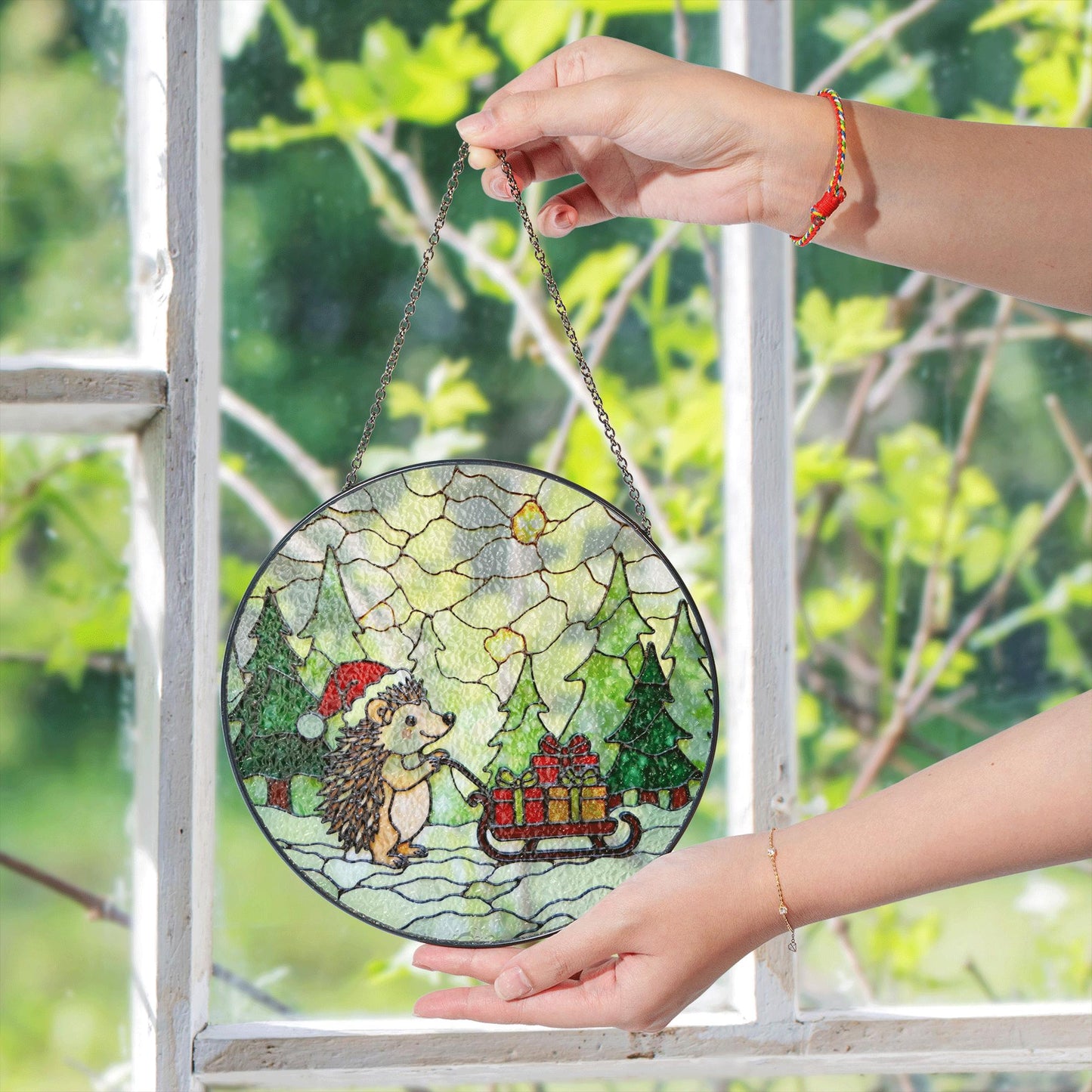 Cute Hedgehog Pulling Sleigh Stained Glass Suncatcher Christmas Window Decor Gift for Kids or Animal Lovers