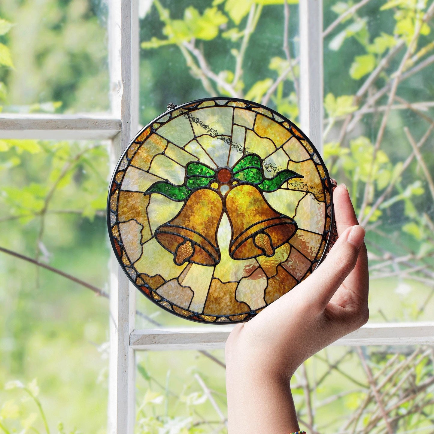 Golden bell stained glass suncatcher Christmas window decor gift