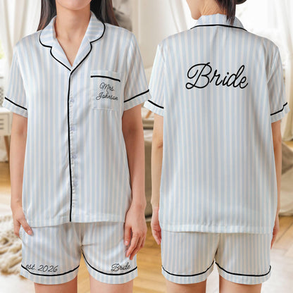 Bride Pajama set, Personalized Bridal PJs Short Sleeve PJ with shorts Satin Pajamas
