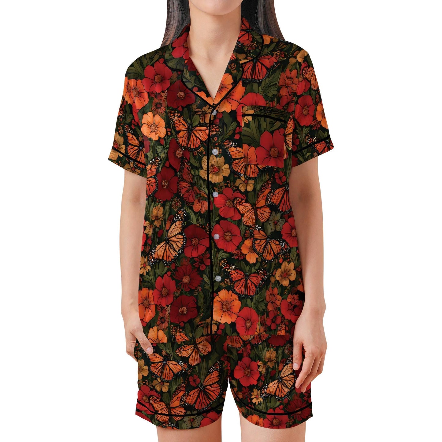 Monarch Butterfly Short Sleeves Pajama Set, Butterfly and Flowers Woman's Satin Pajama Gift Pajamas Short Sleeve Shorts