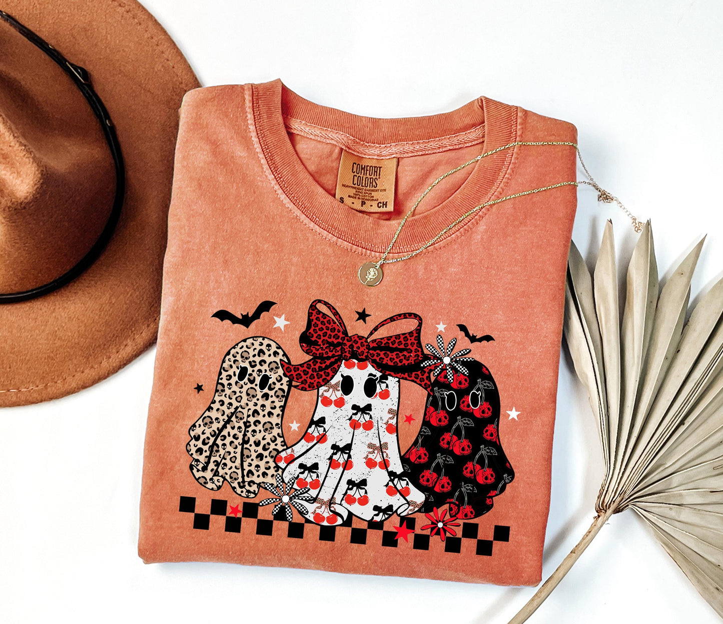 Comfort Colors® Cute Ghost Shirt, Leopard Ghost Shirt, Women Halloween Shirt, Retro Halloween Shirt, Coquette Ghost, Fall Ghost Graphic Tee