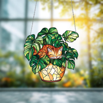 Cat Window Hanging Sleeping in Monstera Leaves – Cozy Botanical Decor for Nature Lovers and Whimsical Home Style