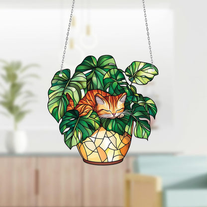 Cat Window Hanging Sleeping in Monstera Leaves – Cozy Botanical Decor for Nature Lovers and Whimsical Home Style